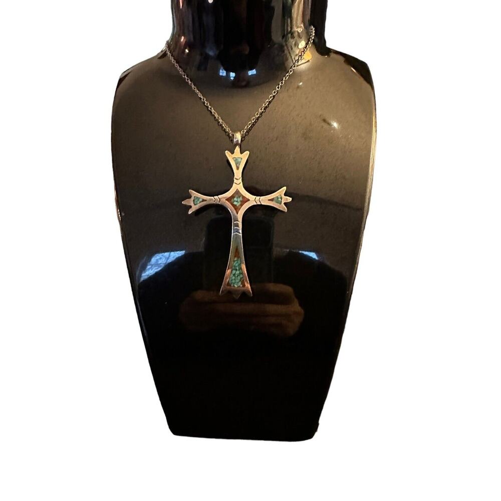 Sterling Native American Cross With Inlaid Red Coral And Turquoise Silver Chain - Picture 5 of 16
